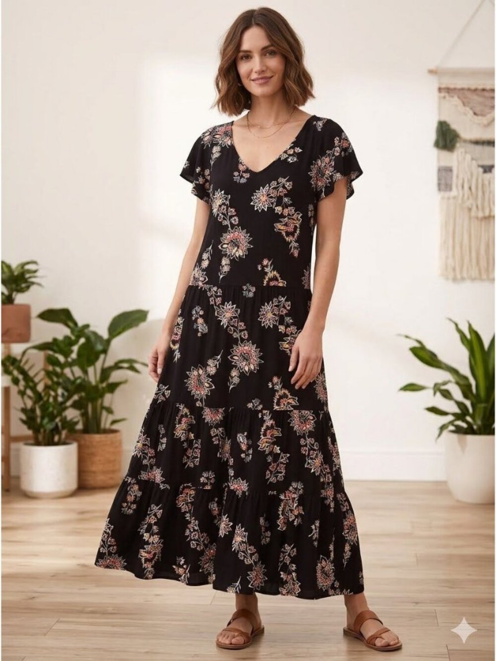 Old Navy XXL Black Floral Boho Maxi Dress Dark Cottage Romantic Whimsigoth Flowy